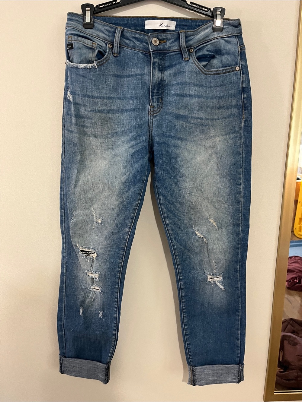 KanCan Women's Distressed Boyfriend Jeans in Blue Wash